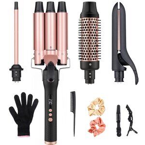 NEW 4 in 1 Interchangeable Curling Iron Wand Ceramic Barrel Brush Flat Iron Set